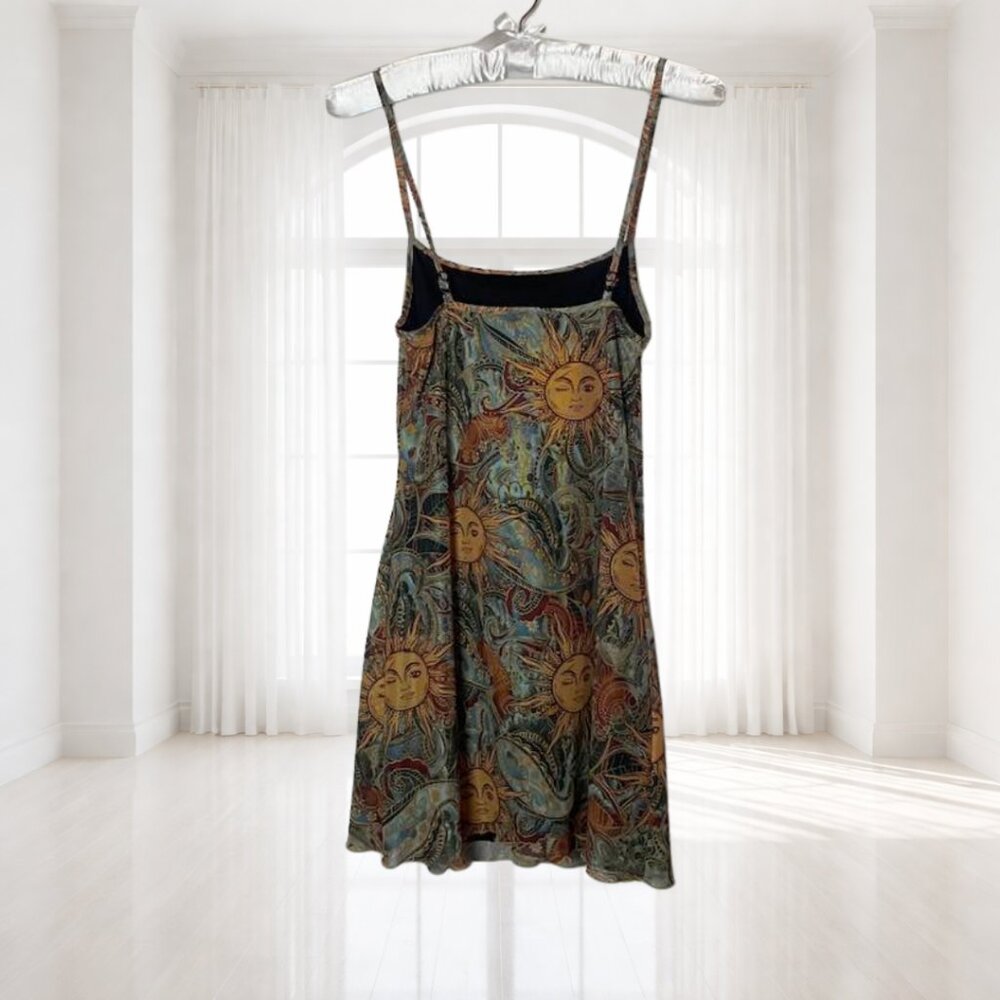 Shein Celestial Sun Print Mini Dress M | Y2K Boho Fairy Grunge Ruffle Hem - Picture 3 of 10